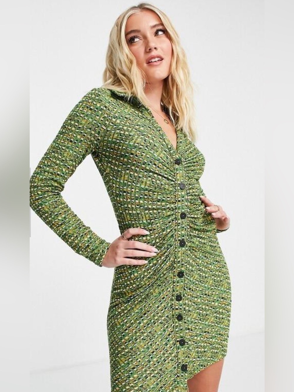 NWT Stradivarius Green Long Sleeve Knit Dress Minimalist Retro Stretch Sz M